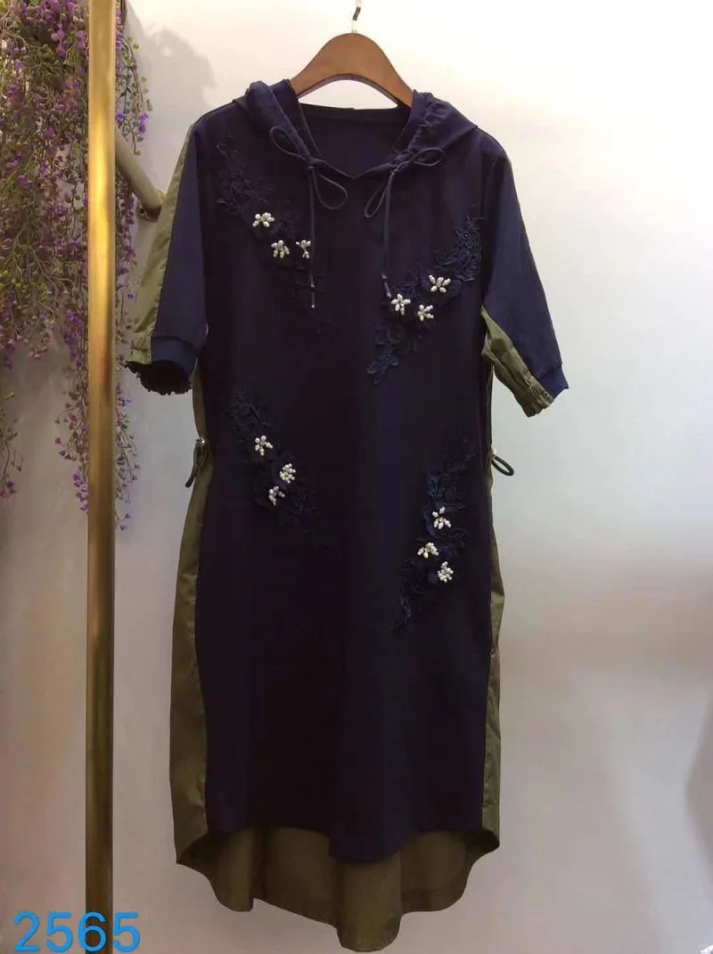 

Dress 2021 Hooded Spring Summer Casual Fashion Ladies Appliques Flower Embroidery Beading Deco Short Sleeve Grey Dark Blue Dress