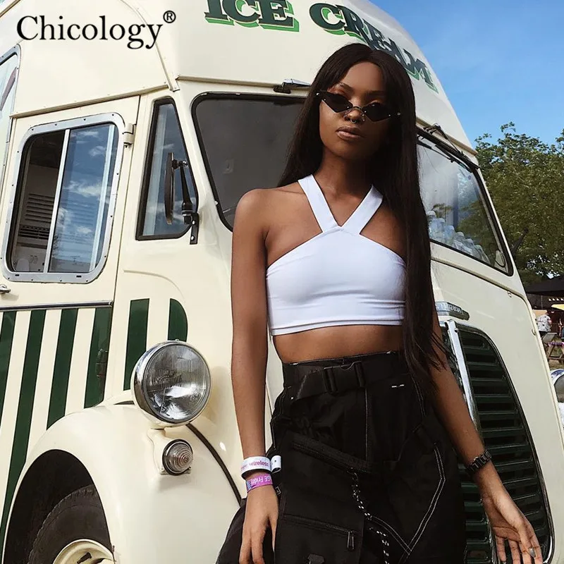 Chicology halter solid harajuku crop tank top 2019 summer women sleeveless streetwear sexy club festival female short clothes Женская