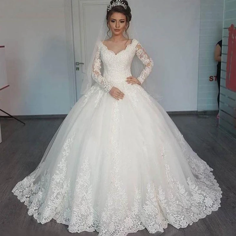 

VENSANAC V Neck Lace Appliques Princess Ball Gown Wedding Dresses Long Sleeve Sweep Train Celebrity Bridal Gowns