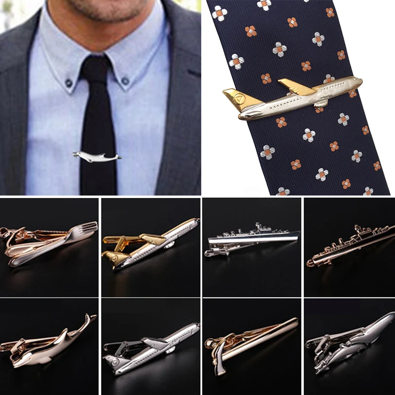 

Men Alloy Metal Gold Color Tie Clips Fashion Steamship Dolphin Airplane Tie Bar Wedding Party Jewelry Pin Business Man Gifts