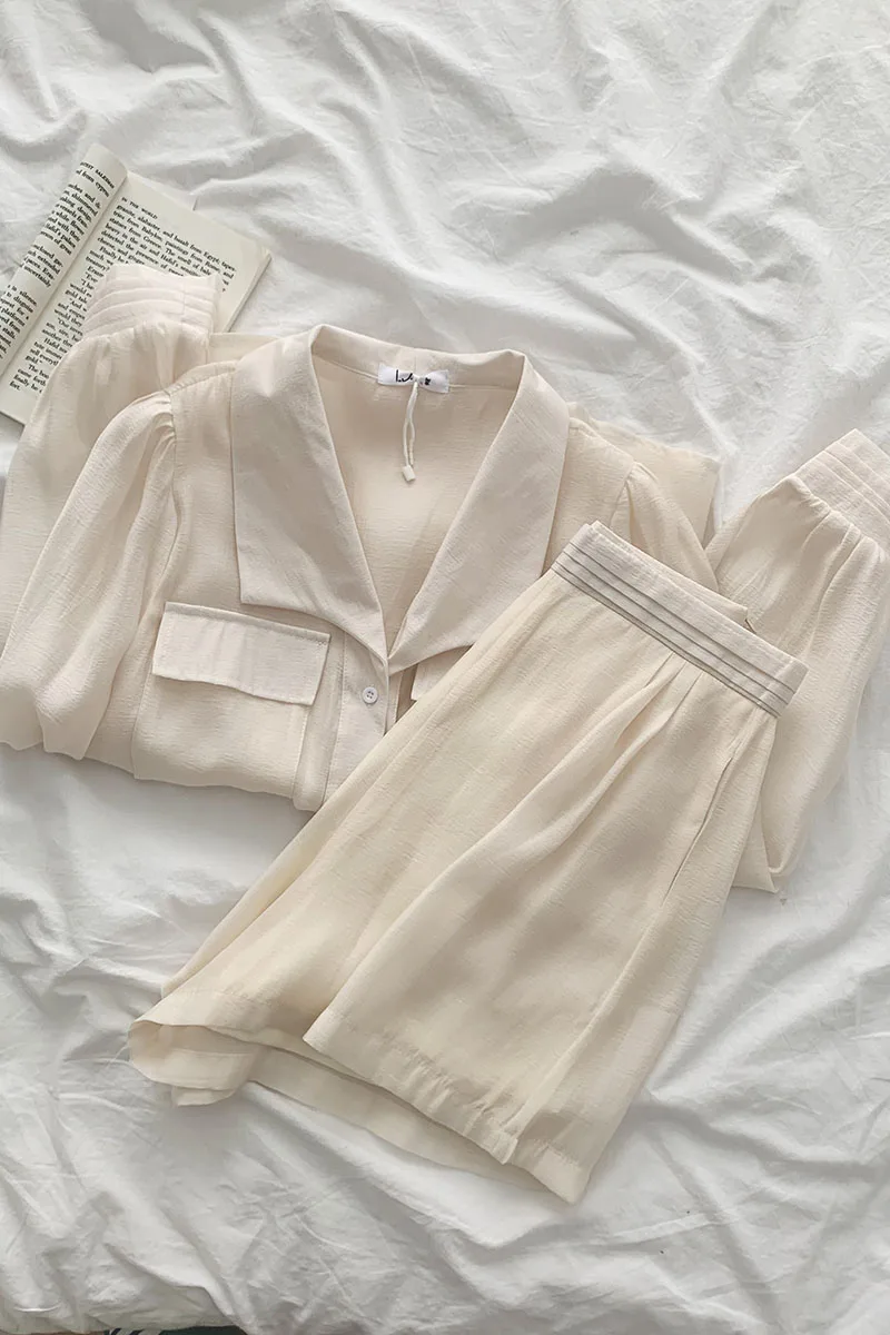 

Fashion Fan Two-piece Set 2021 Summer New Women's Korean Sunscreen Long Sleeve Shirt + High Waist Wide Leg Shorts