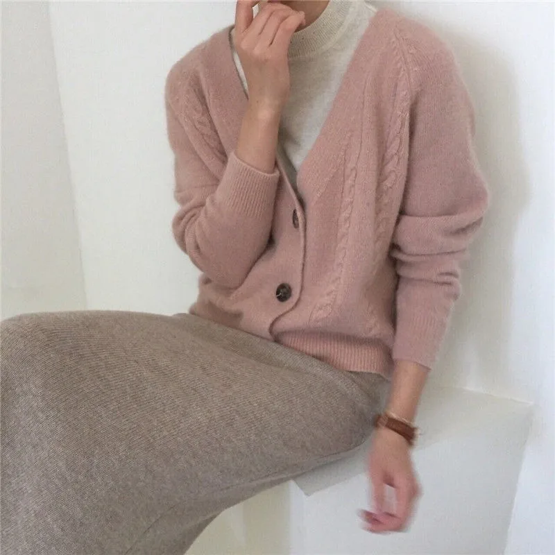 

2021 Winter Women Short Cardigan Sweet Loose Oversize Knitted Jacket Coat Lazy Style Casual Thin Sweaters Coat Woman Pink Beige