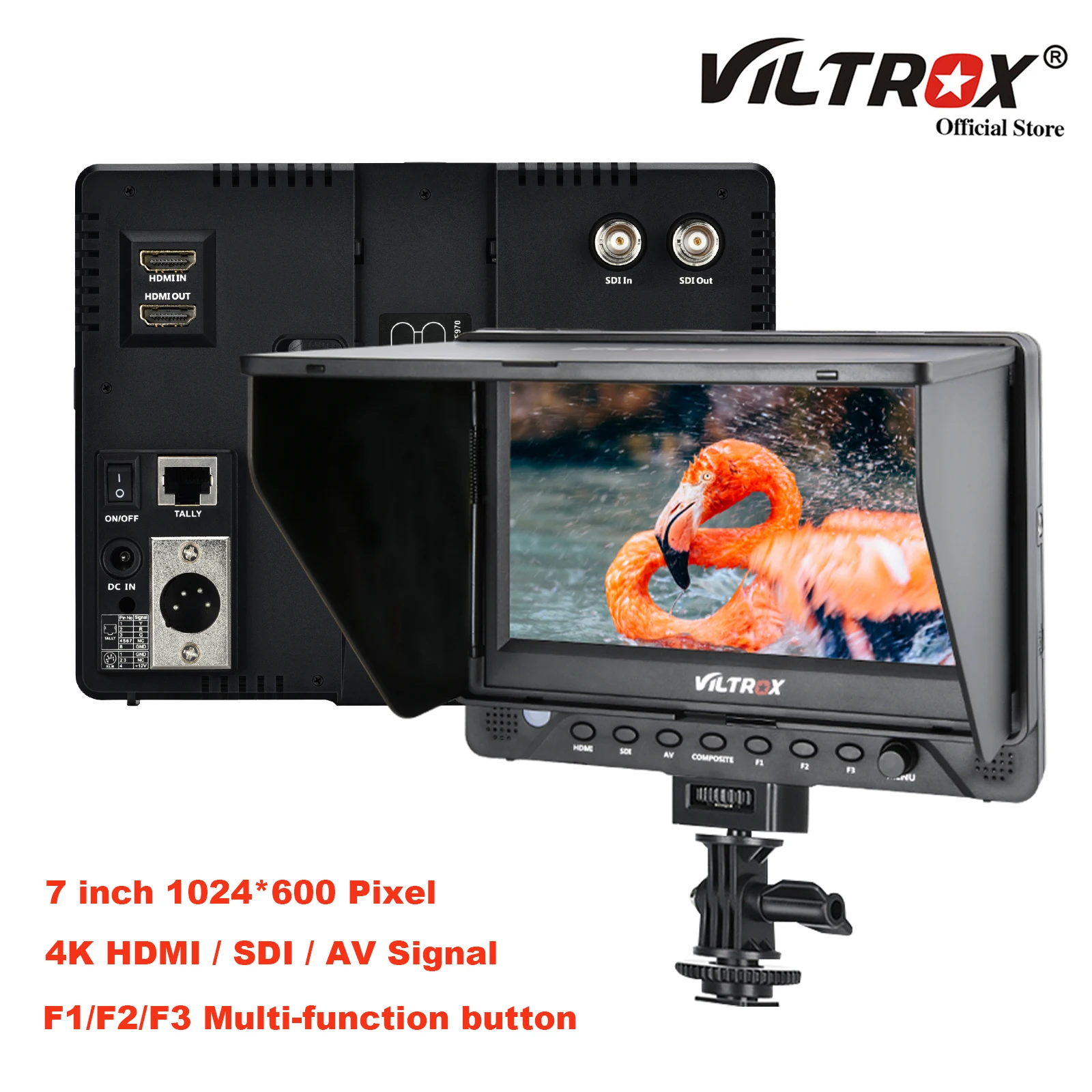 

Viltrox DC-70EX 7-дюймовый 4K HD видеомонитор для камеры, полевой SDI AV вход, ЖК-монитор 1024x600 для Canon Nikon Sony