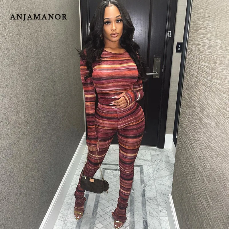 

Модный сексуальный полосатый комплект из двух предметов, топ и брюки, женские комплекты одежды, осенняя повседневная одежда, вечерняя Клубн...