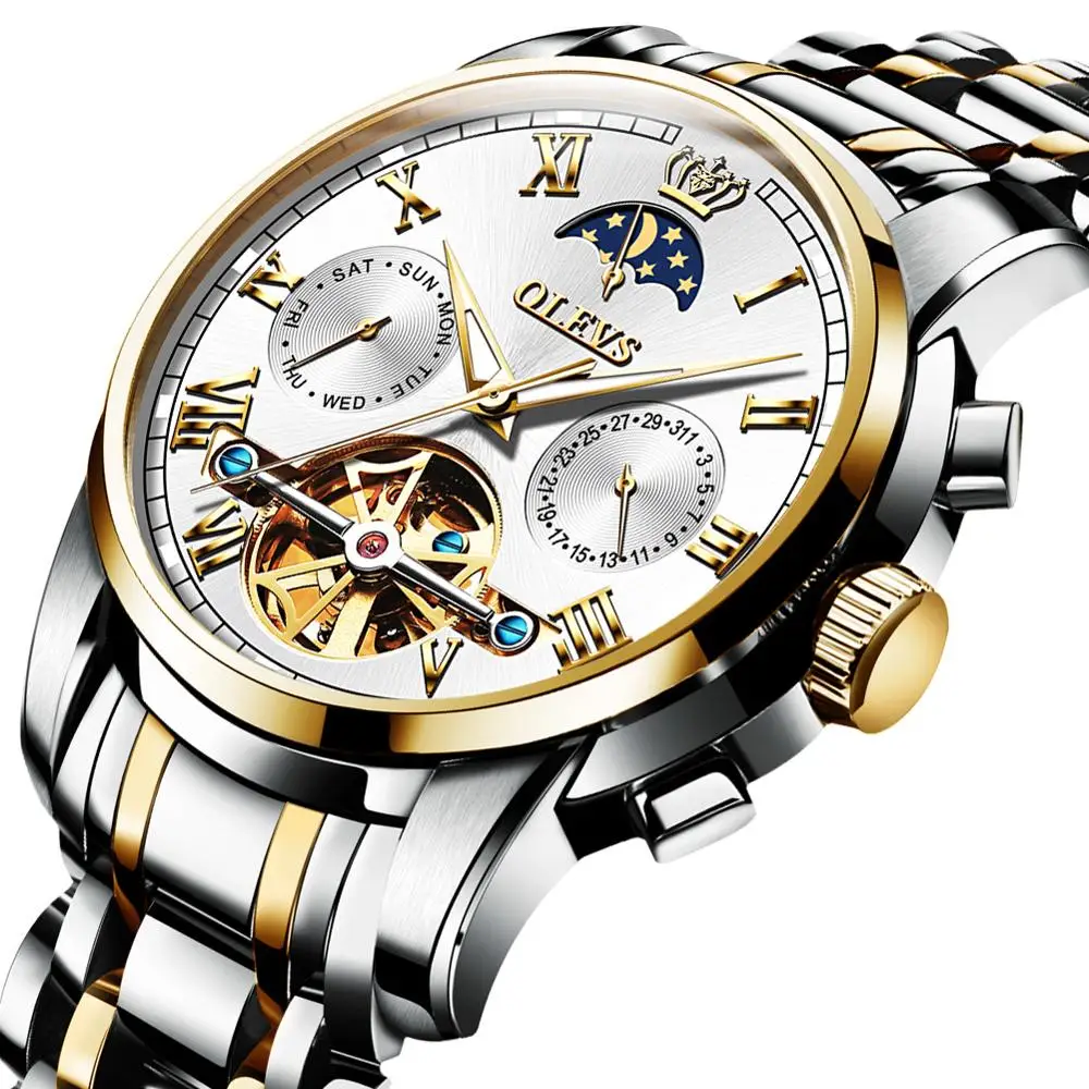 

Men Automatic Mechanical Wristwatches Gold Luxury Brand Stainless Steel Watch Luminous Week Calendar Moon Phase Hollow Men Watch