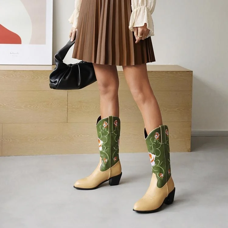 

Fashion Cowboy Boots Chunky Heels Mid-Calf Western Knight Booties Pu Leather Printing Women Bootas Punk Style Green De Mujer