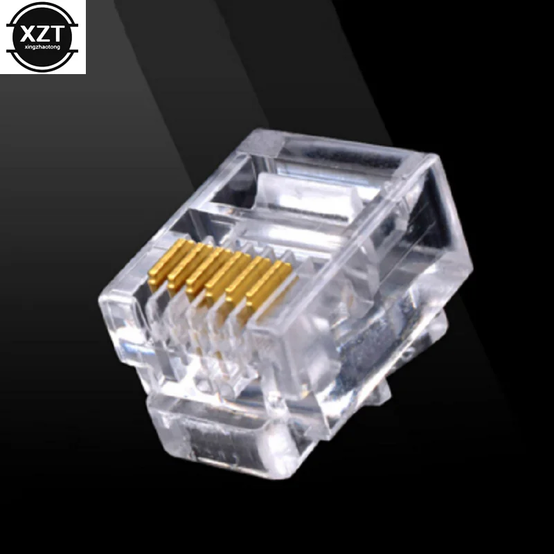 100Pcs/Set 6P6C 6P4C RJ12 Crystal Head Modular Plug Gold Plated Network Connector For Solid Phone Cables Connectors