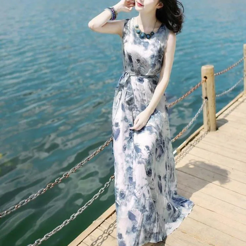 

2021 summer new printed dress Loose Sleeveless Holiday Print Long Maxi Dress Seaside vacation beach dress