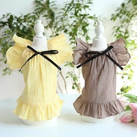 black ribbon flying sleeve dress dog dress pet products cotton clothing for dogs cats rabbit chihuahua teddy dog clothes 2021
