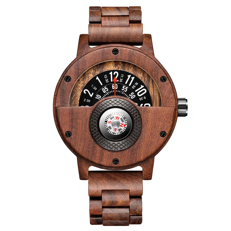 

Creative Wood Watch Unique Compass Turntable Wood Watches Men's Semicircle Dial Clock Quartz Clock Retro Hour Relogio Masculino