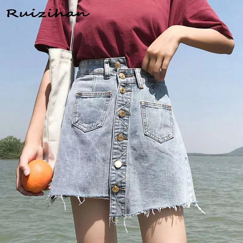 

RUIZIHAN 2021 Spring And Summer New Korean Large Single Breasted Irregular High Waist Denim Skirt Women's Slim Tassel Skirt