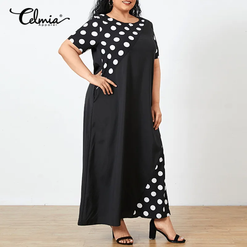 

Women Polka Dot Maxi Dress Celmia 2021 Summer Short Sleeve Patchwork Sundress Casual Loose Party Vestido Bohemian Robe Plus Size