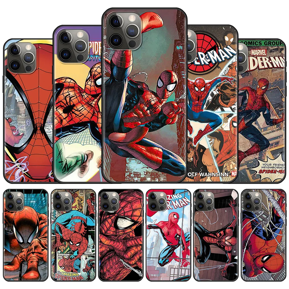 

Marvel Spiderman Spider Man Phone Case for iPhone 13 11 12 Pro Max Casing 8 XR X 6 + XS 7 6S Plus 5 5s SE 2020 Black Soft Cover