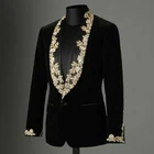 Высококачественный бархатный черный мужской костюм, блейзер с золотой аппликацией и кружевом, приталенный Блейзер с лацканами, деловая одежда, плюс одна куртка