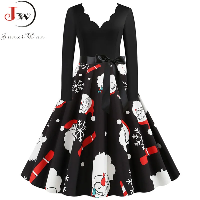 Женское зимнее винтажное рождественское платье с длинным рукавом черное красное