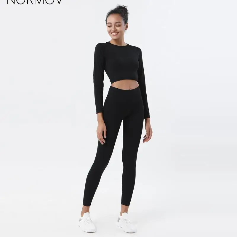 

NORMOV Woman Knitted High Waist yoga pants seamless fitness Fitness Push Up suit nylon quick-drying yoga suit long sleeve suit