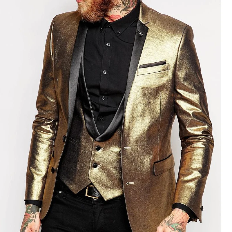

Gold Leather Prom Suits for Men with Black Pants 3 Piece Wedding Tuxedo Blazer Waistcoat Male Fashion Costumes 2020