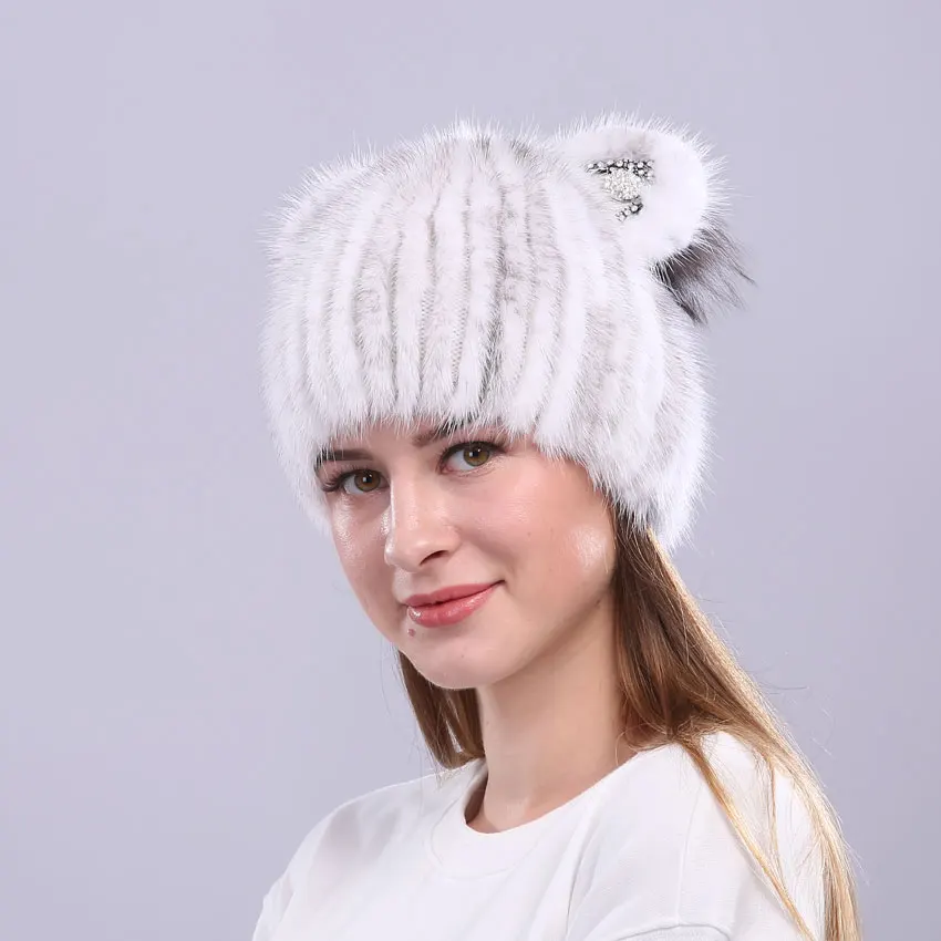 Genuine Fur Cap Women Knitted Hat with Fur Cat Ears Cap for Girl Mink Fur Knitting Beanies Female Hat Winter Bonnets for Women