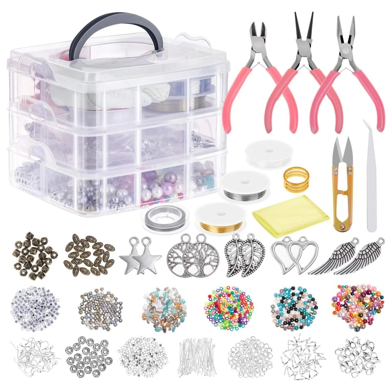 

Jewelry Making Supplies Kit with Assorted Beads Charms Findings Wire Cord Pliers XXFB