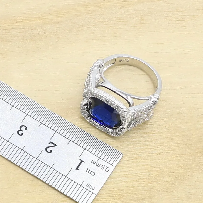 Classic Blue Semi-precious Silver Color Bridal Jewelry Sets For Women Necklace Earrings Ring Pendant Bracelets Gift Box | Украшения и