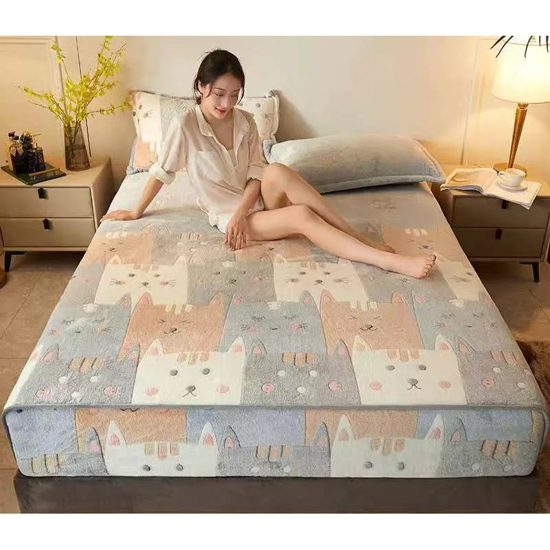 WOSTAR Winter warm flannel elastic band fitted sheet 3D printed cartoon super soft single double queen king size bed set | Дом и сад