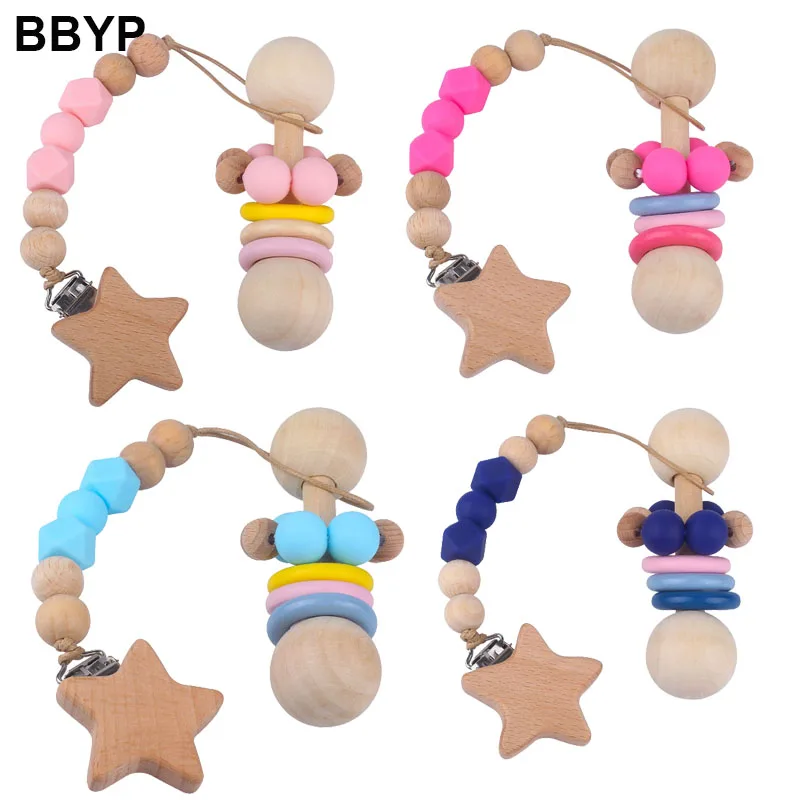 Juguetes de madera para beb&eacute;s, sonajero de haya, pulsera de estrella, campana, chupete, Clip, sonajero para beb&eacute;, cadena de chupete sonajeros y juguetes educativos-0