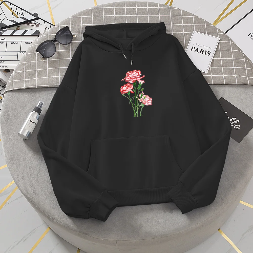 

Women Flower Printed Hoodies Casual Loose Autumn Korean Style Long Sleeve Hooded Sweatshirts Fleece Warm Sport Pocket Pullovers