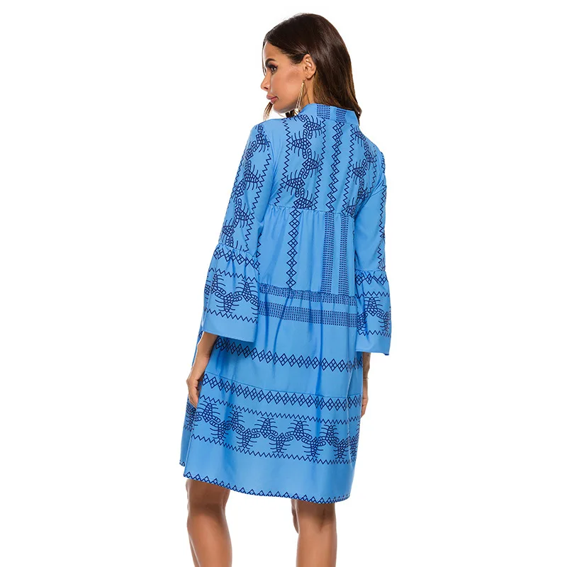 

Women's Bohemian Flared Sleeve Stand Collar New Sleeve Patchwork Dress Women Dresses Summer 2020 Big Shirt Dress Dresses
