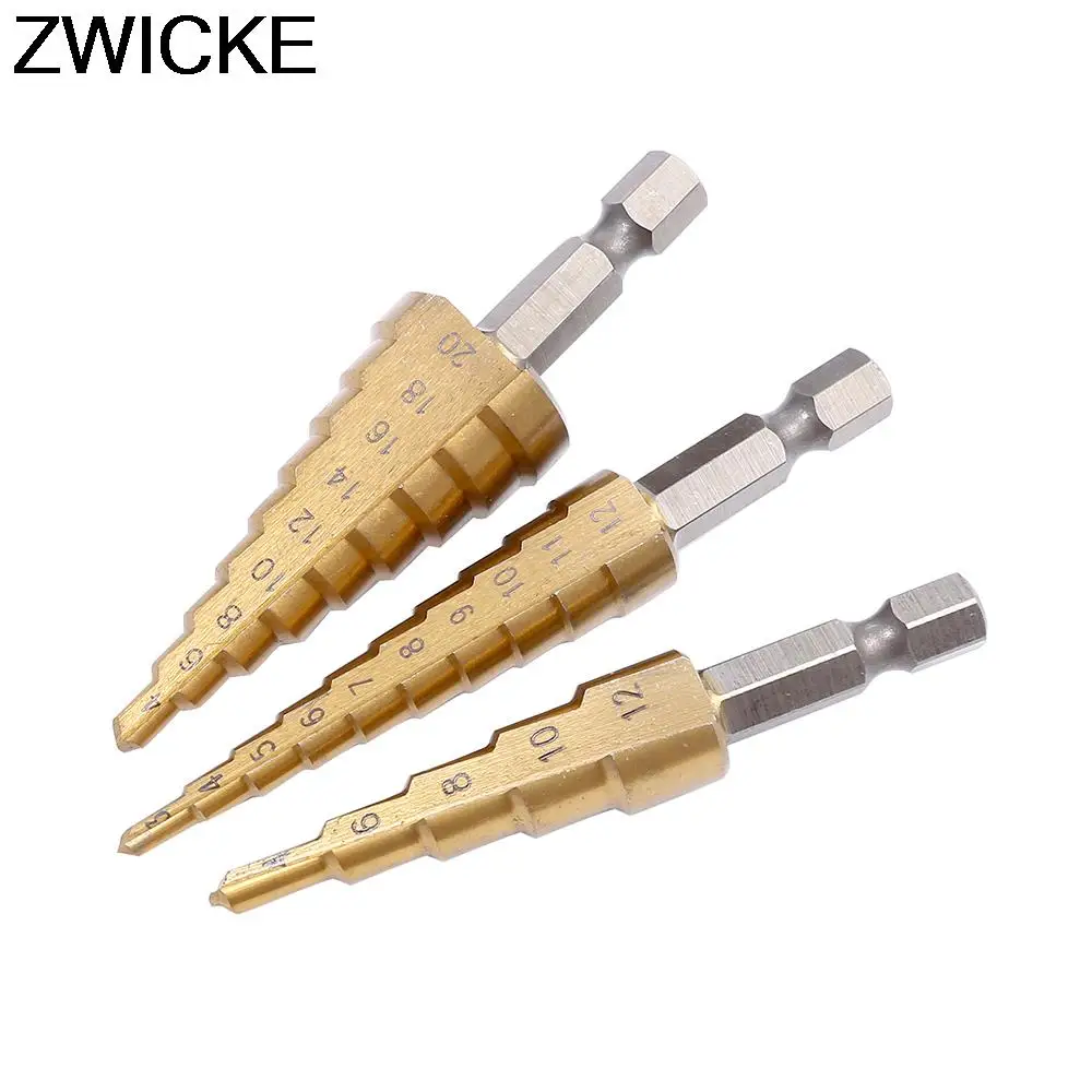 

HSS Steel Titanium Step Drill Bit Hand Tool Sets 3-12 4-12 4-20 4-32mm Step Cone Cutt Woodworking Wood Metal Drill Bit Set