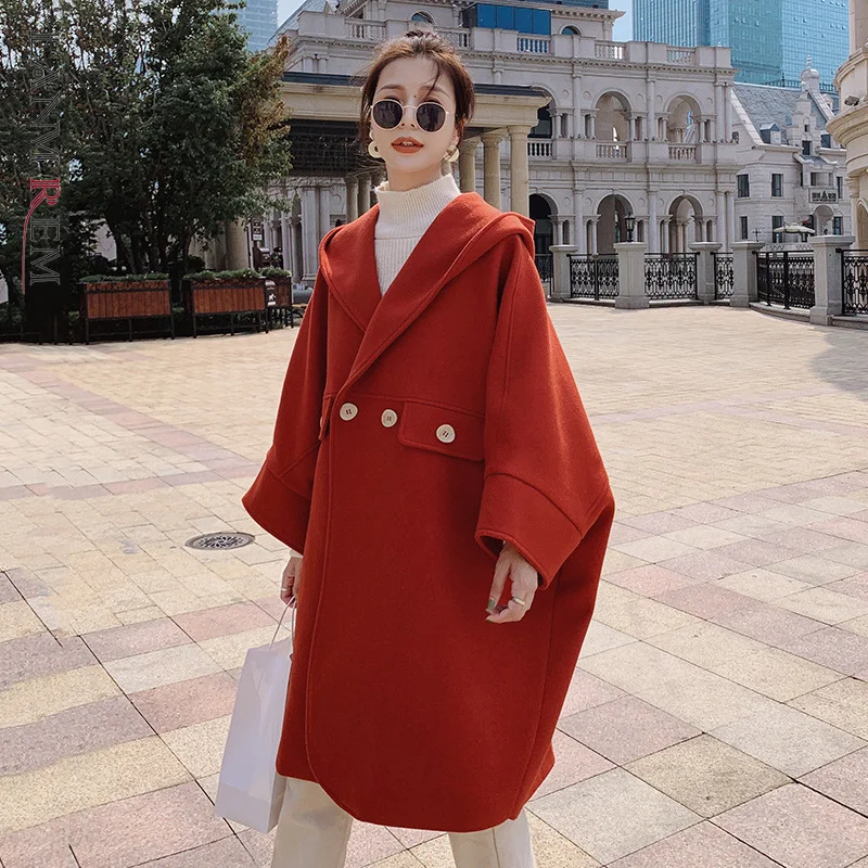 

2021 Cloak Woolen Cloth Autumn Winter New Loose Woolen Coat With Hood Long Sleeve Solid Color Coats Women's Fashion Temperament
