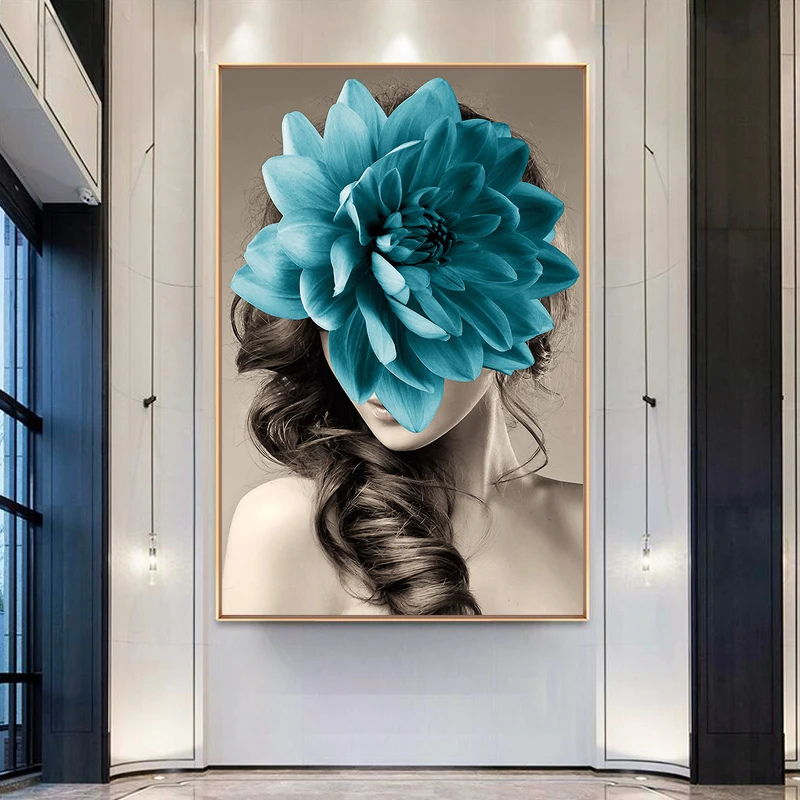 

New Arrival Large Size Wall Art Modern Fashion Flower Cover Face Gold Long Hair Woman Canvas Decorative Painting for Living Room