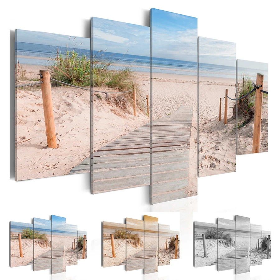 Настенная живопись холст 5 шт. Синий Оранжевый Серый Пляж океан пейзаж