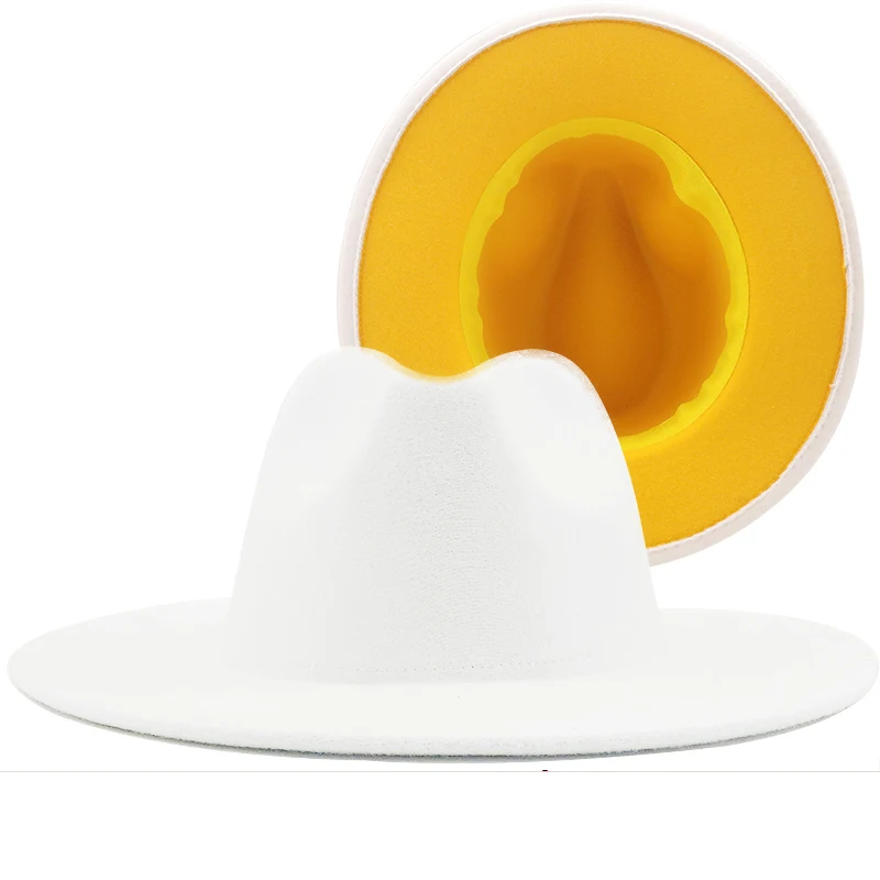

New Outer white Inner yellow Wool Felt Jazz Fedora Hats with Thin Belt Buckle Men Women Wide Brim Panama Trilby Cap 56-58CM