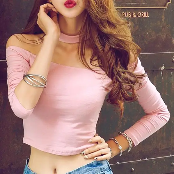 

Korea style sexy slash neck black t-shirt women tops Spring long sleeve halter top Girl t shirt crop top