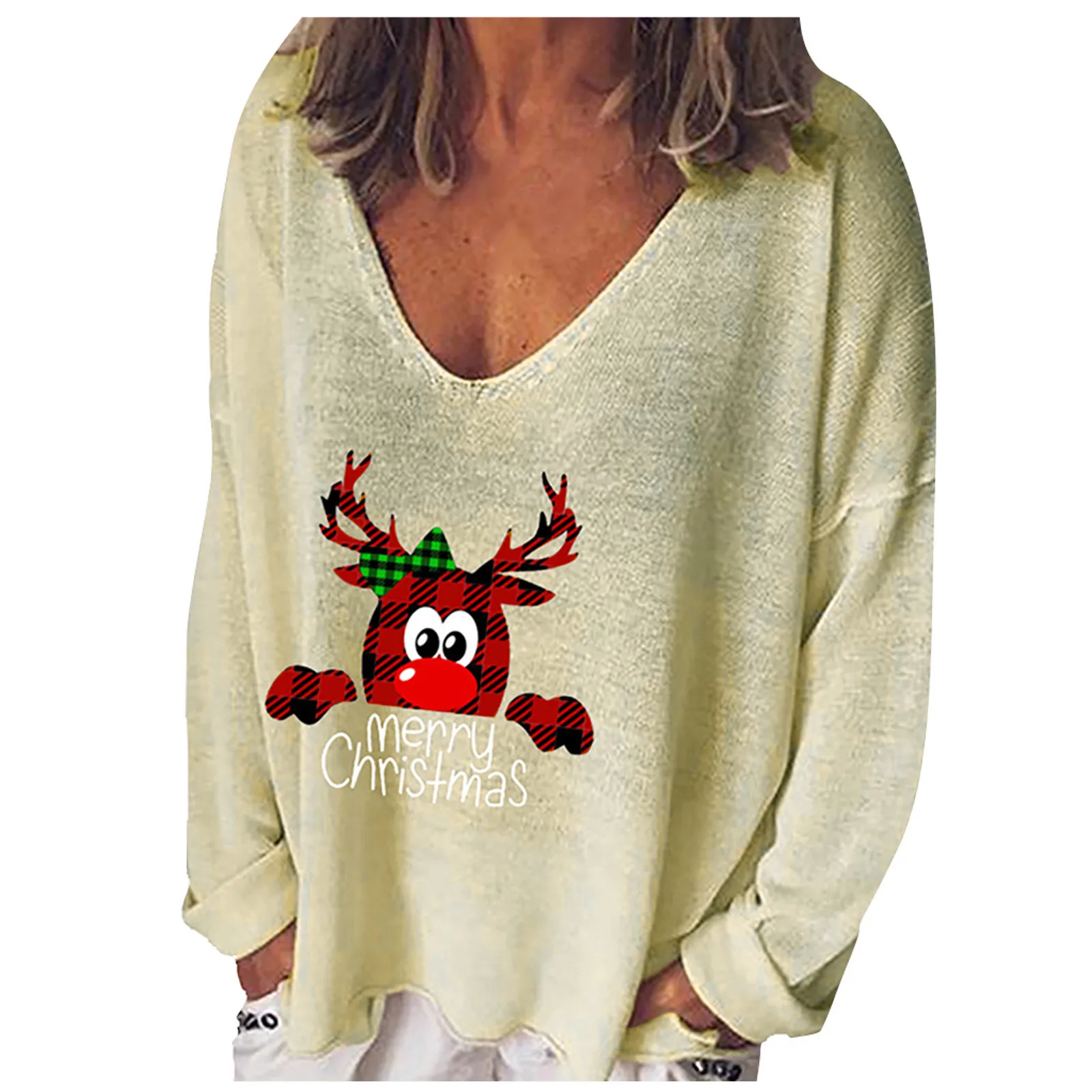 

Women Fashion Casual Print V-Neck Loose Long Sleeve Blouse Top Pullover Femmes occasionnelles