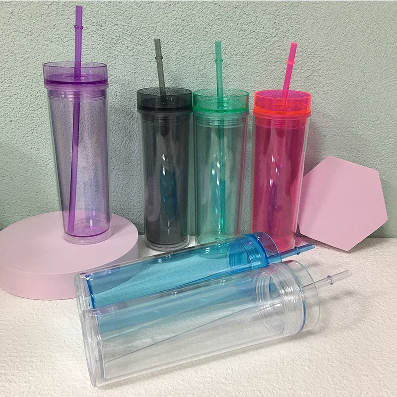 16oz Acrylic Clear Skinny Tumbler With Lid And Straw Plastic 6 colors Tumbler Insulated Water Bottle For Party Gift