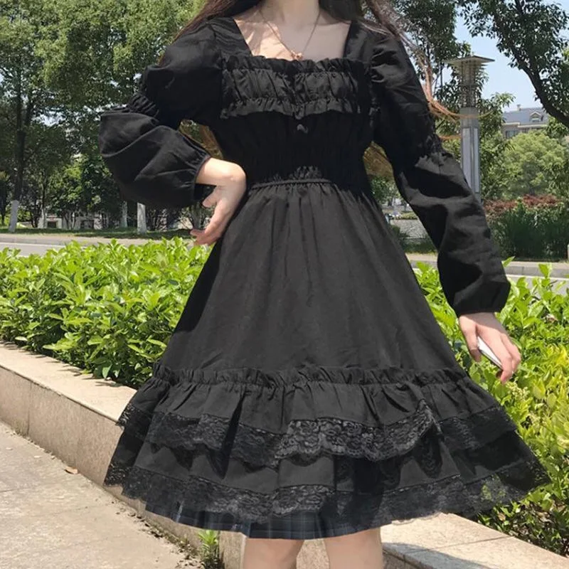 

2022 Spring Autumn Vintage Lace High Waist Dress Women Square Collar Long Sleeve French Style Black Dress Ladies Dresses