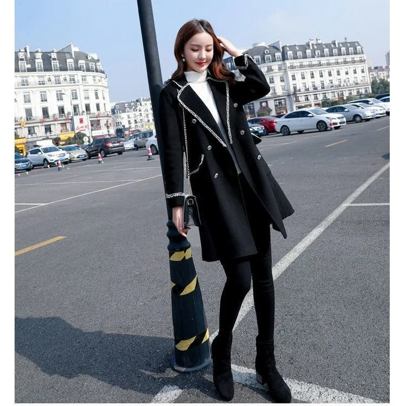 

Hepburn Style Small Woolen Coat Women's Mid-length Autumn and Winter New Black Woolen Coat