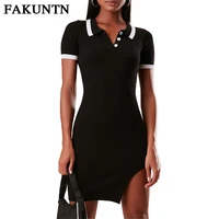 fakuntn black short sleeve knitted dress women summer 2021 pink irregular split polo lapel sexy mini bodycon dress vestidos