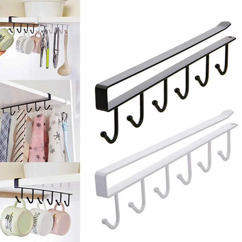 

Practical 6 Hooks Cup Holder Hang Cabinet Under Shelf Organiser Hook Kitchen Cupboard Storage Rack Hanging Hooks U3