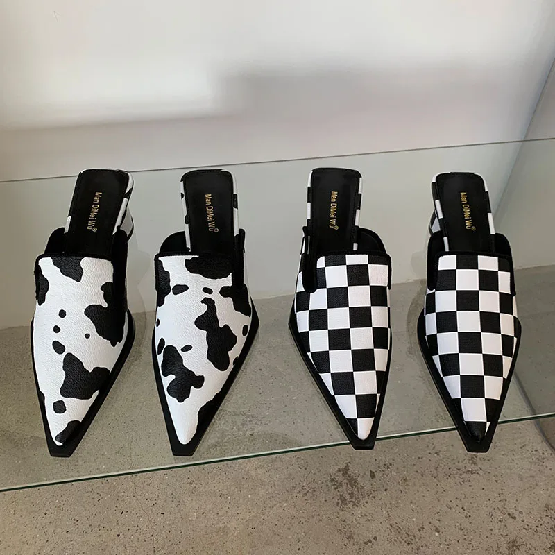 

2022 Mules Summer Women Slipper Pointed Toe Shallow Slip On Mules Shoes Ladies Square Low Woman Female Heel Plaid Slides