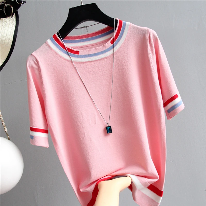 

Striped Hit The Color Thin Summer Women Sweater Knitted Elastic Short Sleeve 2020 Woman Clothes Sweater Womens Pullovers Femme
