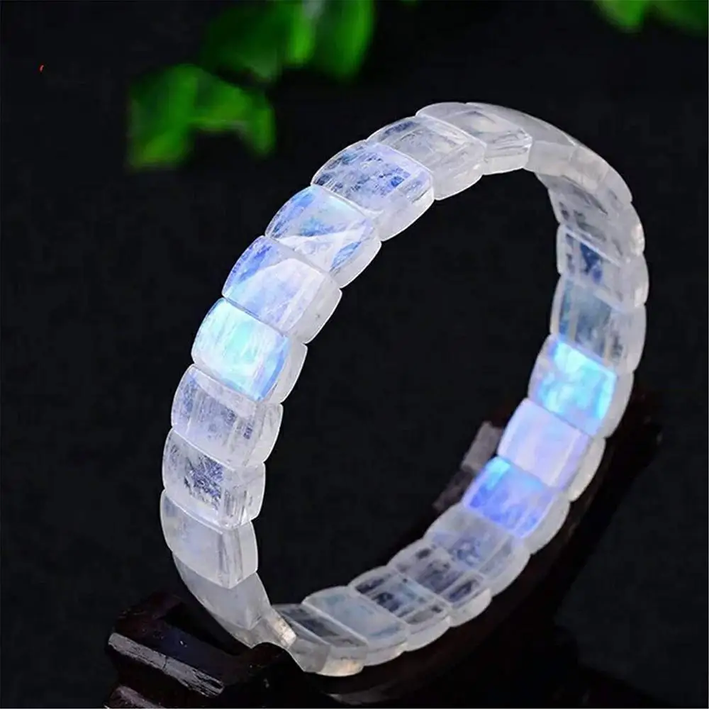 

Natural Blue Light Moonstone Crystal Bracelet For Women Men Stretch Gemstone Rectangle 11x8mm Beads Bangle Jewelry AAAAA