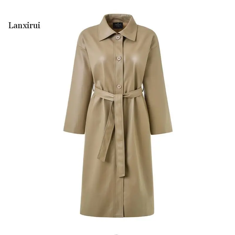 

Lanxirui Cool Leather Long Jacket New Spring Women Loose Belt PU Leather Windbreaker Trench Coat Slim Autumn Jacket