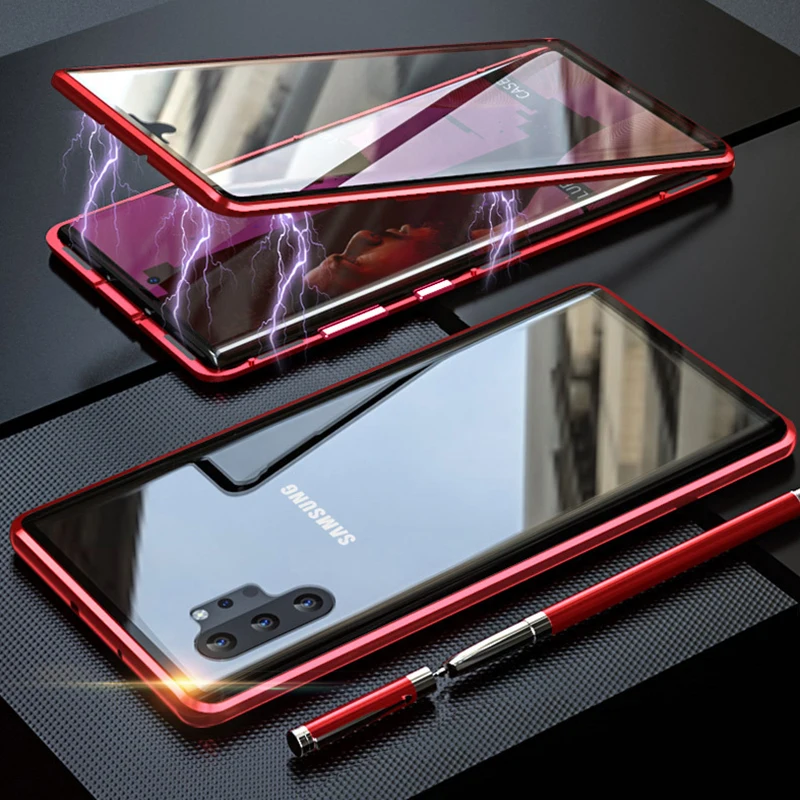 Двухсторонняя, для стекла металлический магнитный чехол для samsung Galaxy Note 10 плюс 360 полная защита Прозрачная крышка для samsung Note10 чехол - Цвет: red
