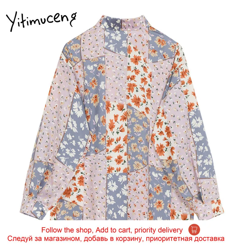 

Yitimuceng Vintage Floral Print Blouse Women Shirt Sleeve Button Up Shirts Straight 2021 Spring Korean NewTurn-down Collar Tops