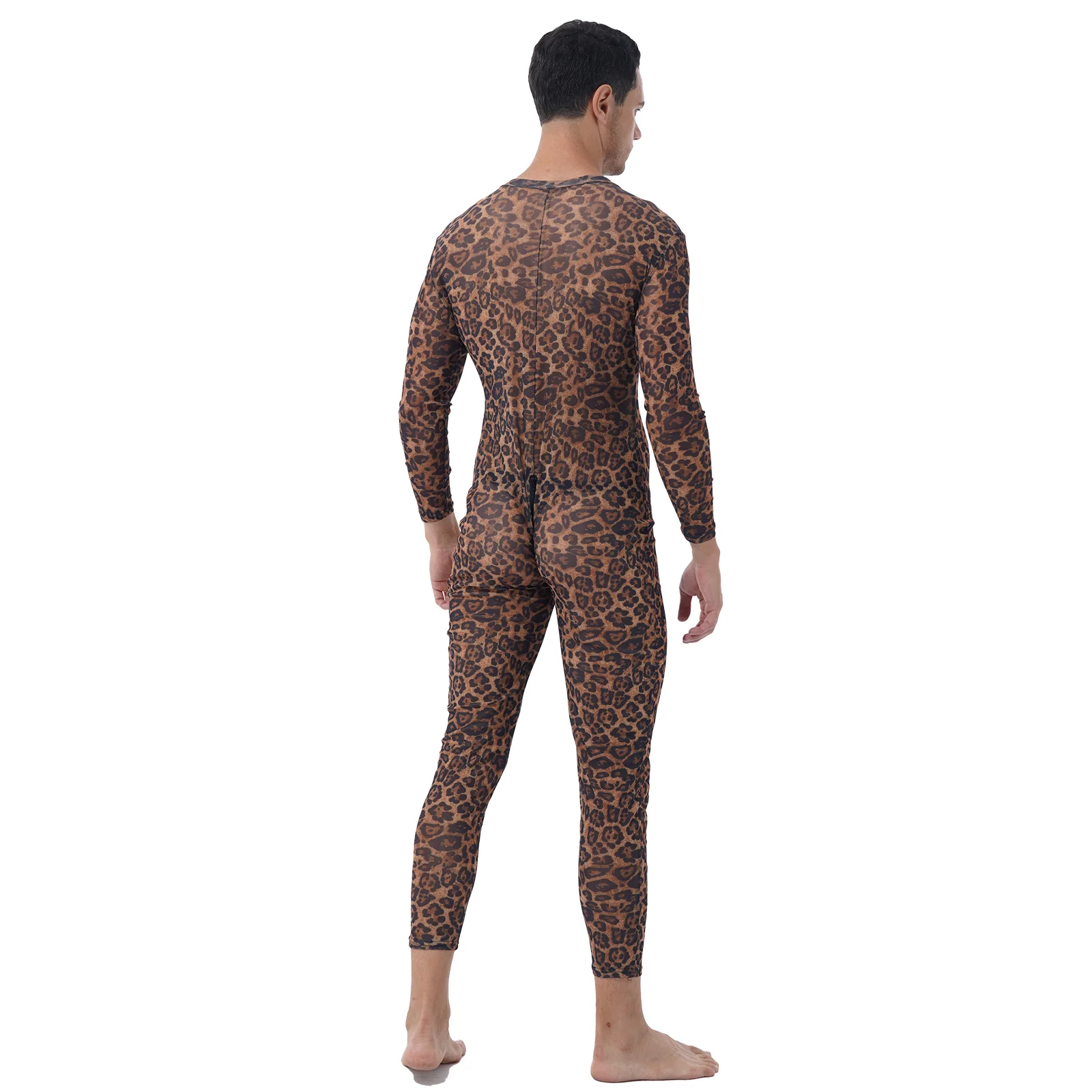 

Mens See-through Slim Jumpsuit Leopard Stripe Print Bodycon Catsuit Two-way Zipper Long Sleeve Leotard Sexy Lingerie Jumpsuit