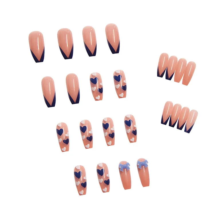 

24pcs Love Heart Printed Nail Patch Glue Type Removable Long Paragraph Fashion Manicure Save Time False Nail Patch TO