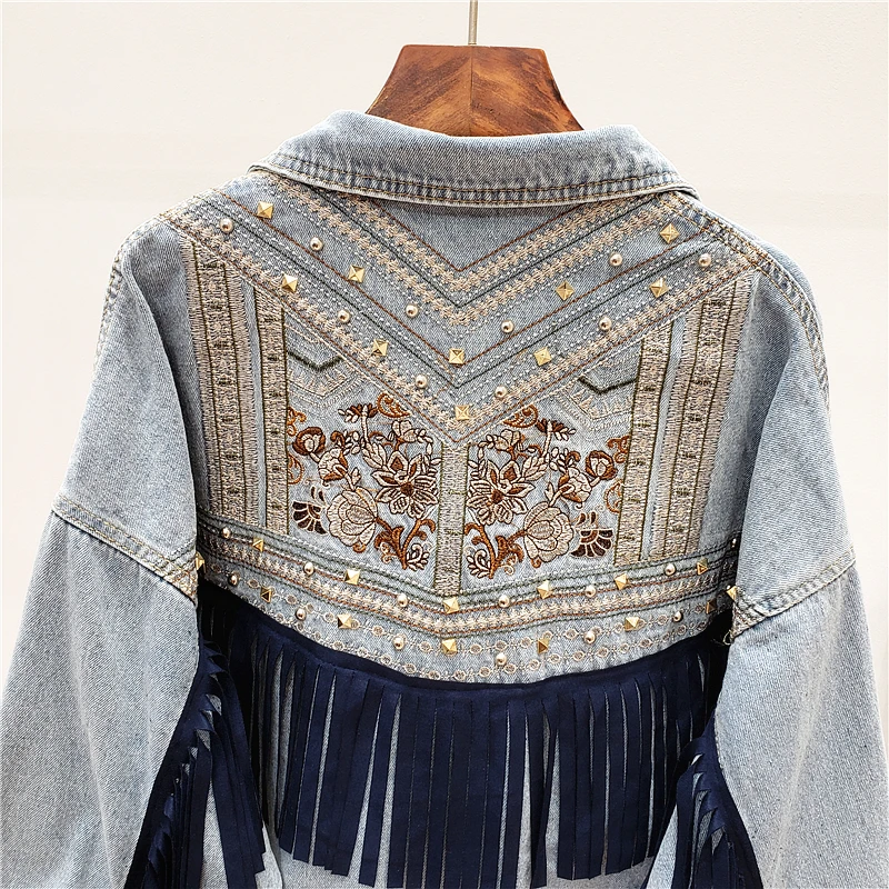 

IEQJ Summer New Women Fashion Casual All Match Lapel Single Breasted Spliced Loose Vintage Embroidery Tassel Denim Jacket 3F0050