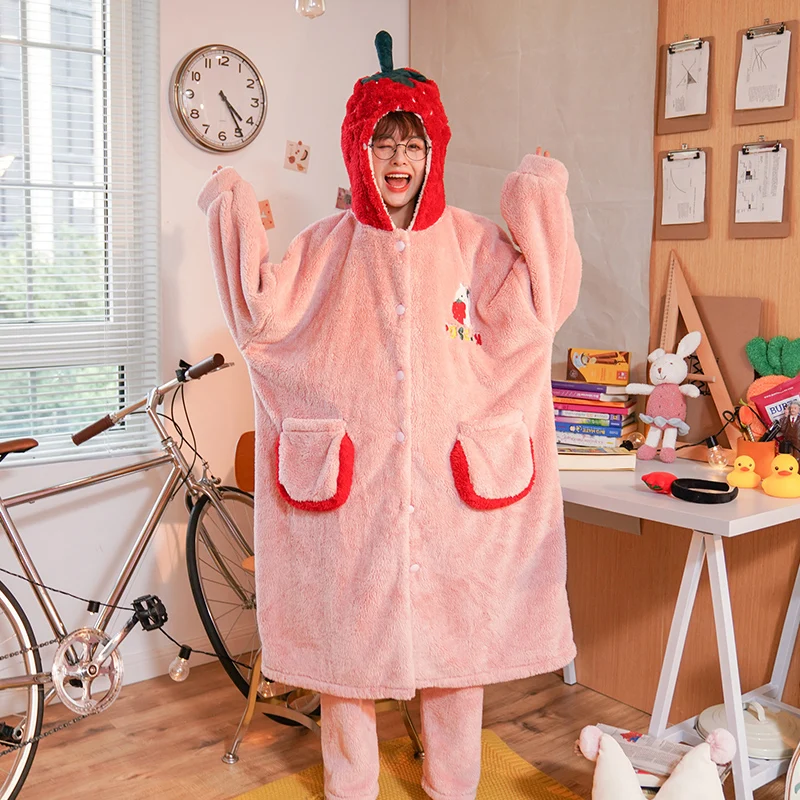 Winter Pajama Woman Sleepwear New Cartoon Velvet Coral Home Suit Length To Keep Warm Flannel Extended Hooded Thickened LONG